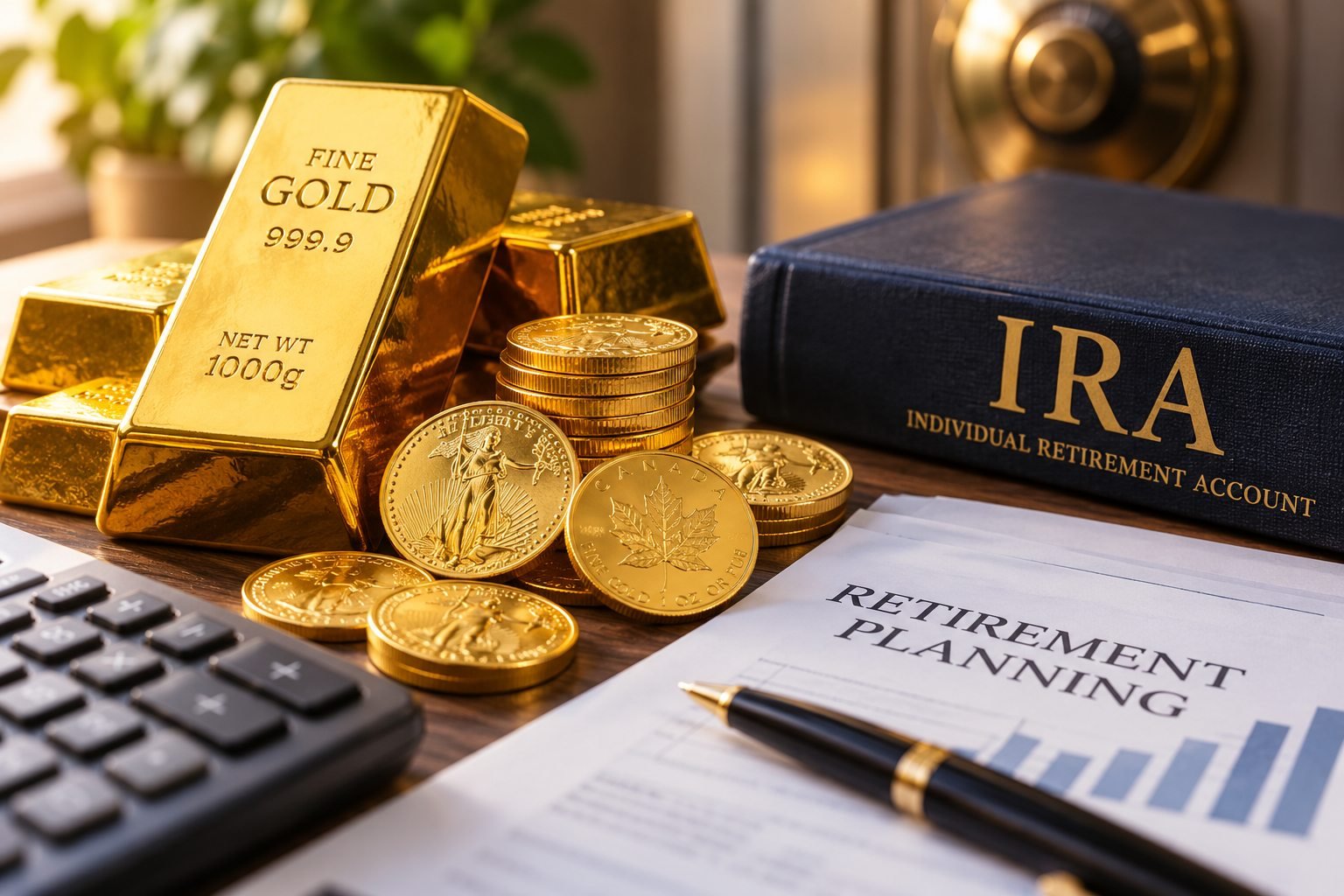 Physical gold bars and coins representing precious metals retirement investing